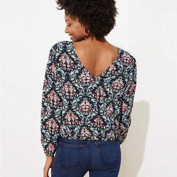 LOFT Navy Floral Wrap Back Cropped Top - Picture 2 of 9